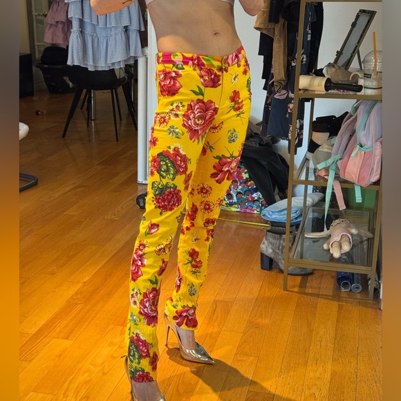 Vintage dolce skinny  Floral Yellow Pants - Picture 2 of 11